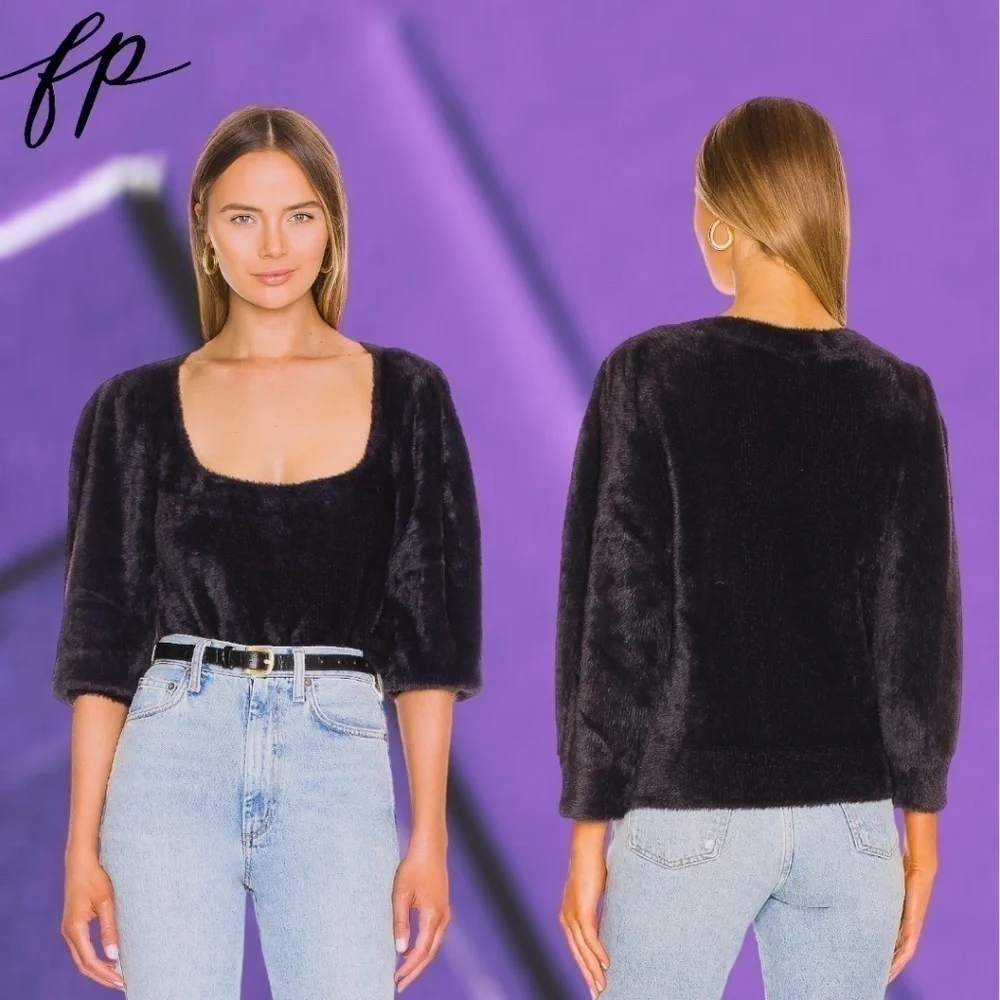 FREE PEOPLE NWT Moonbeam Puff Sleeve Fuzzy Cropped Pullover Sweater/LG